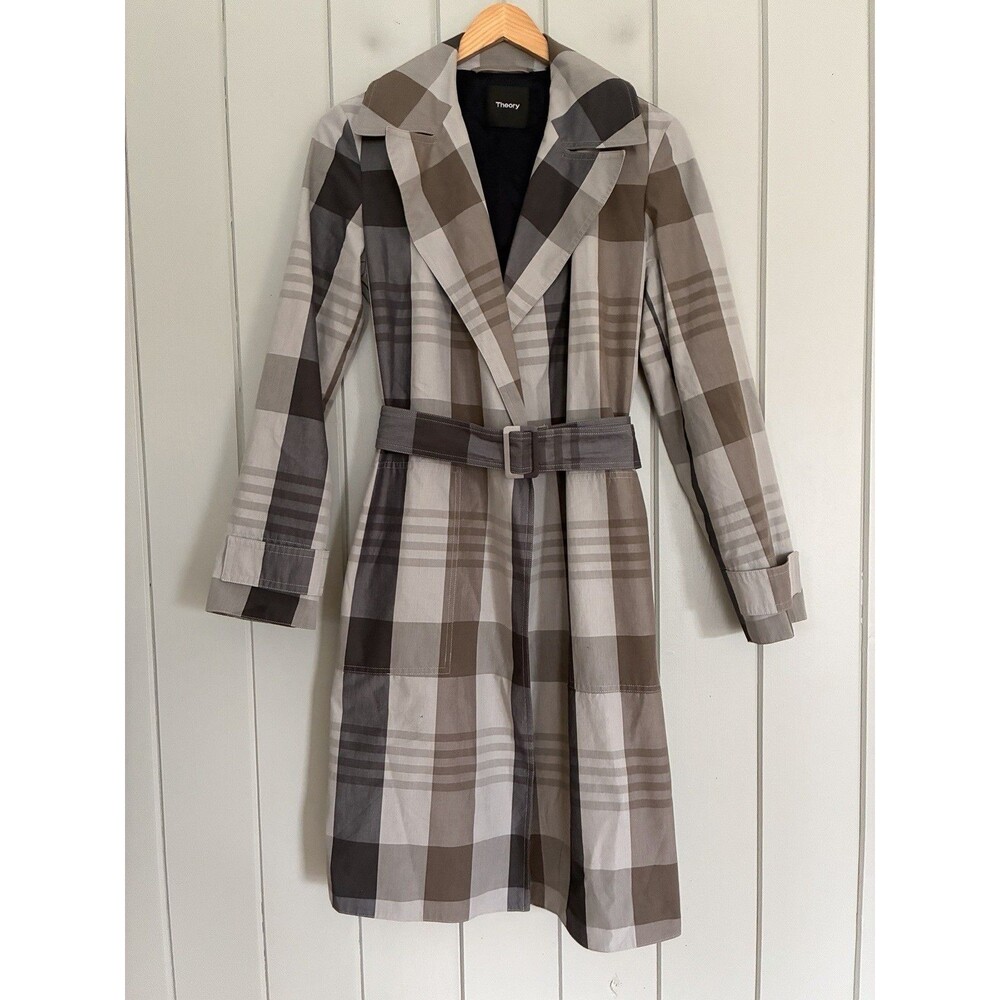 Theory Trench Coat P Petite Gray Plaid Silk Cotton Belted Lined Collar